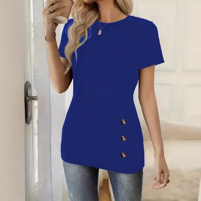 Round-neck Short-sleeve Top With Faux Button Detailingelegant And Versatile photo 4