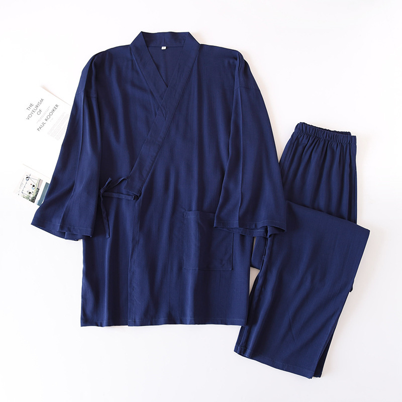 Japanese-style Solid-color Mens Kimono Pajamas, Cotton-linen Drawstring Homewear Set photo 8