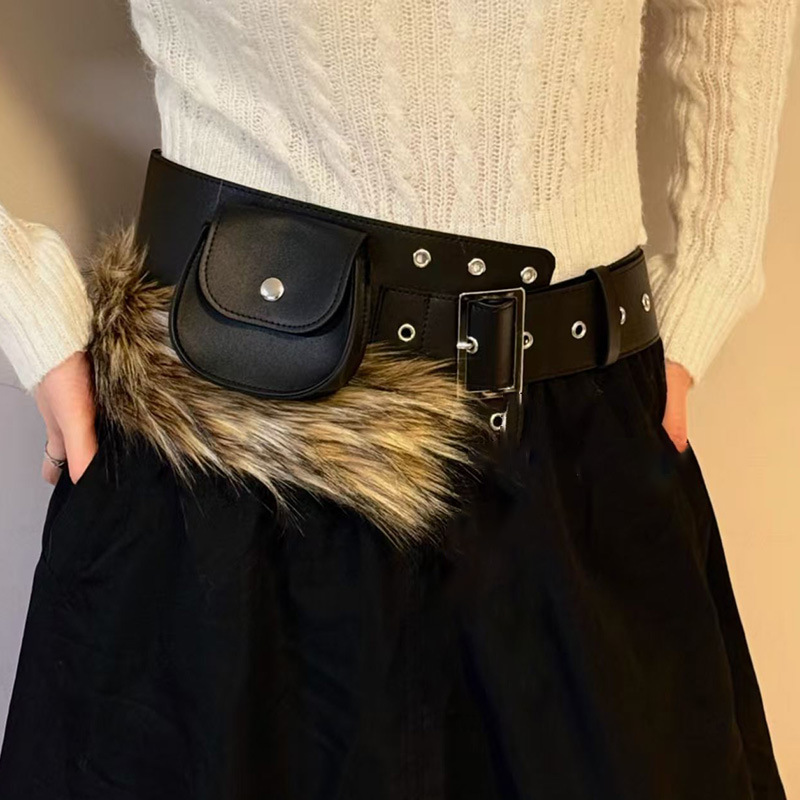 New Womens Fluffy Patchwork Belt Accessory With A Lipstick Pouch photo 1