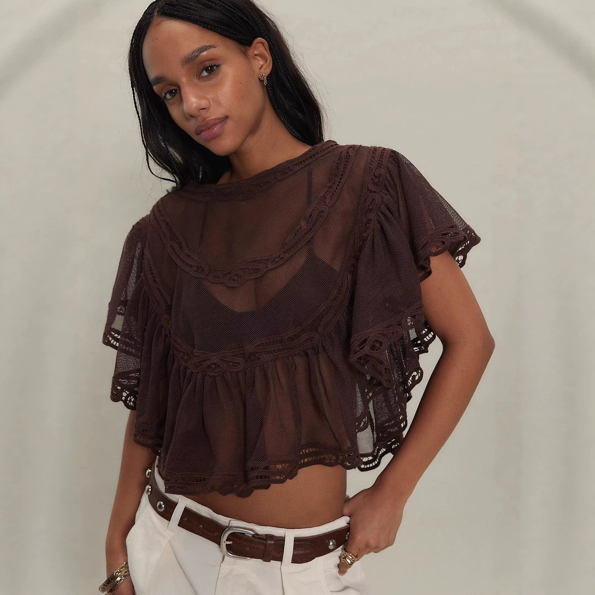 Long-sleeve Knitted Hollow-out Top With Tie-up Details photo 4