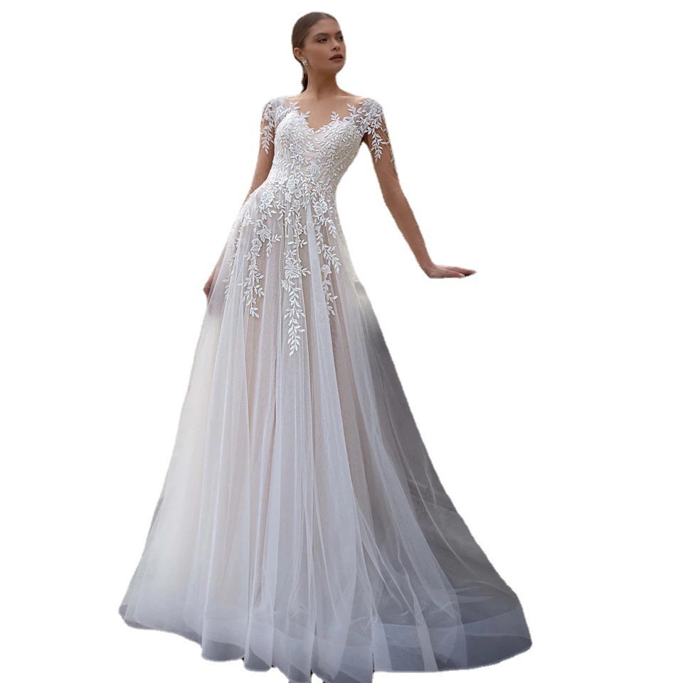 Lace Sheer Tulle A line Wedding Gown With A Short Train, Exuding Elegance For The Bride photo 5