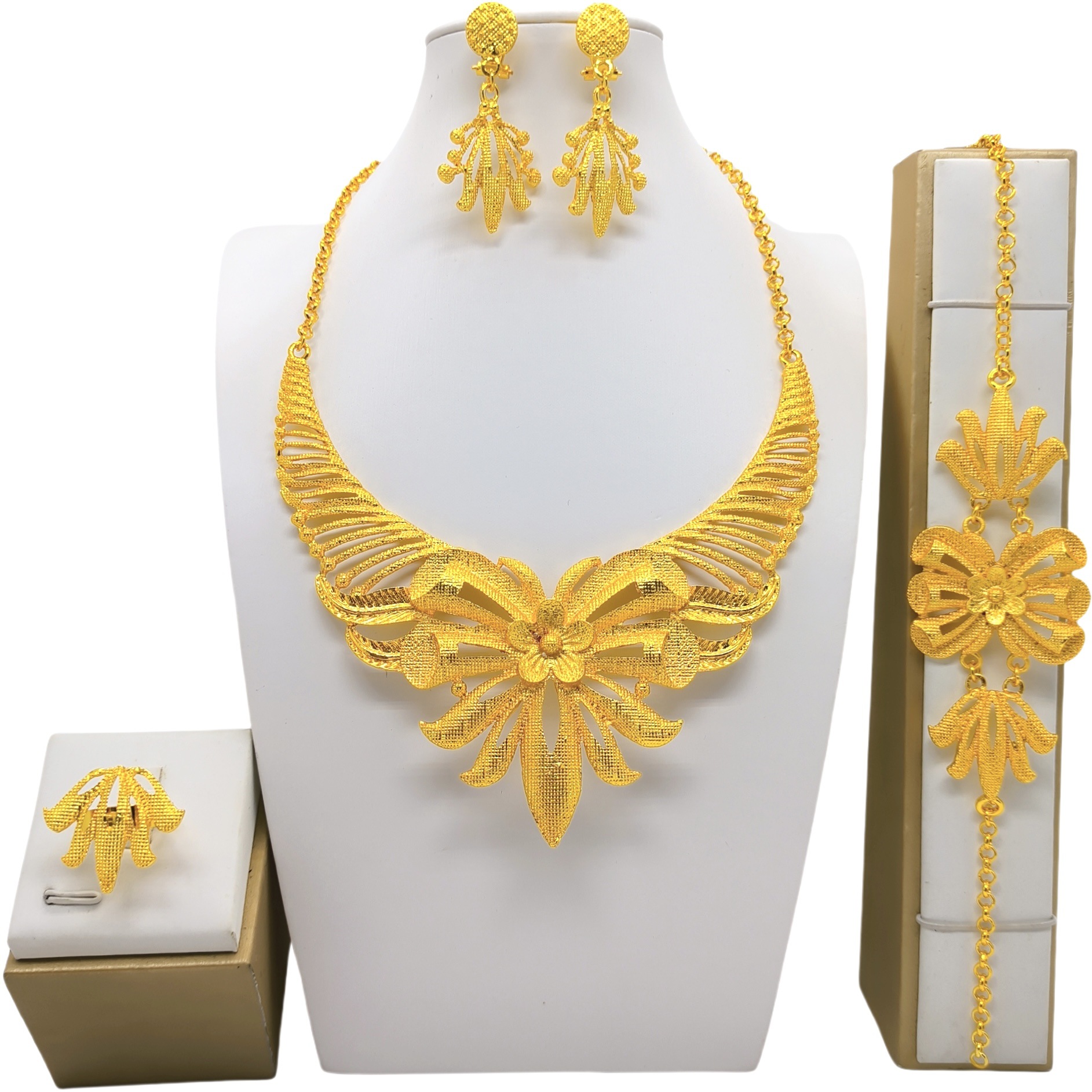 24K Gold Jewelry Suit Necklace Bracelet Earrings Four-piece Ring Set photo 4