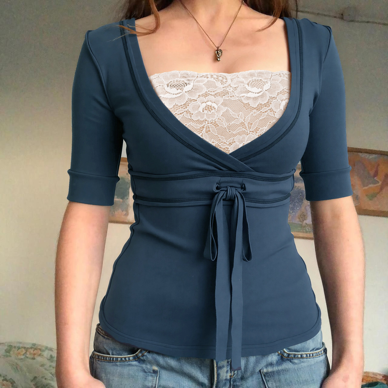 Retro Lace-matched Faux Two-piece Contrast-color Short-sleeved Top photo 4