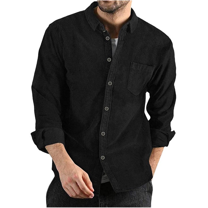Corduroy Lapel-button Loose-fit Mens Long-sleeve Shirt photo 6