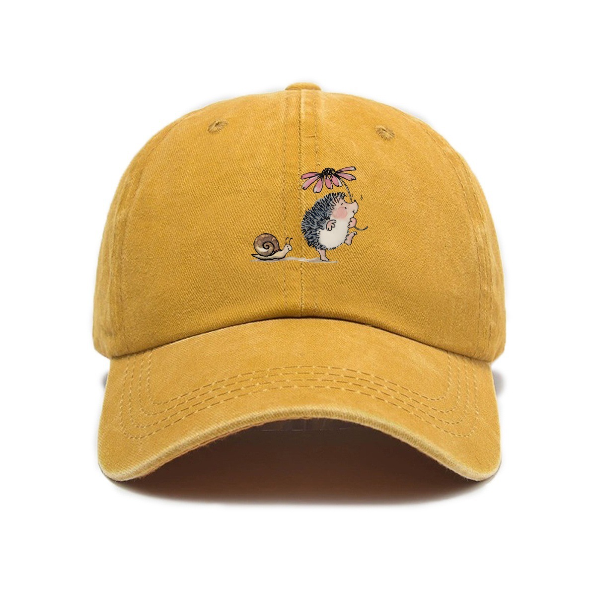 Simple Cartoon Hedgehog And Snail Print Washed Out Vintage Baseball Cap photo 7