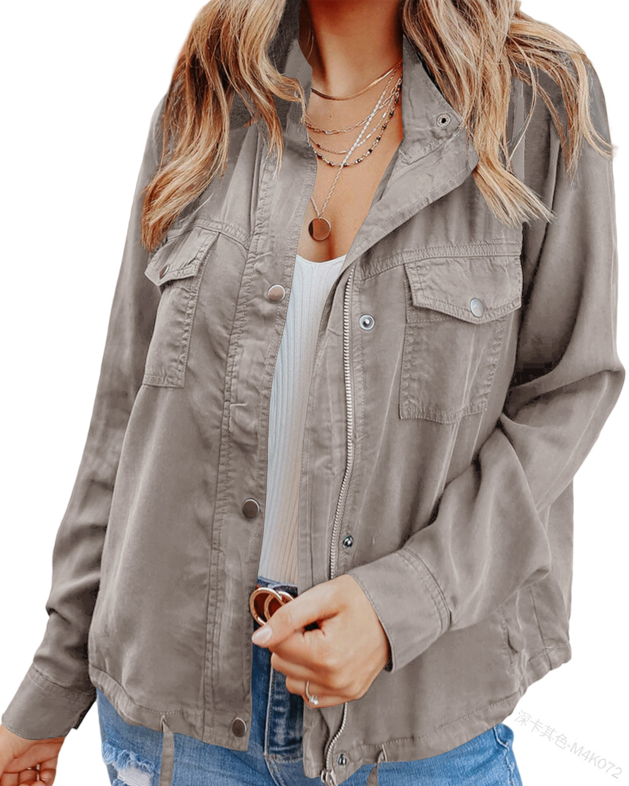 Dark-button Long-sleeved Pocket Drawstring Jacket photo 4