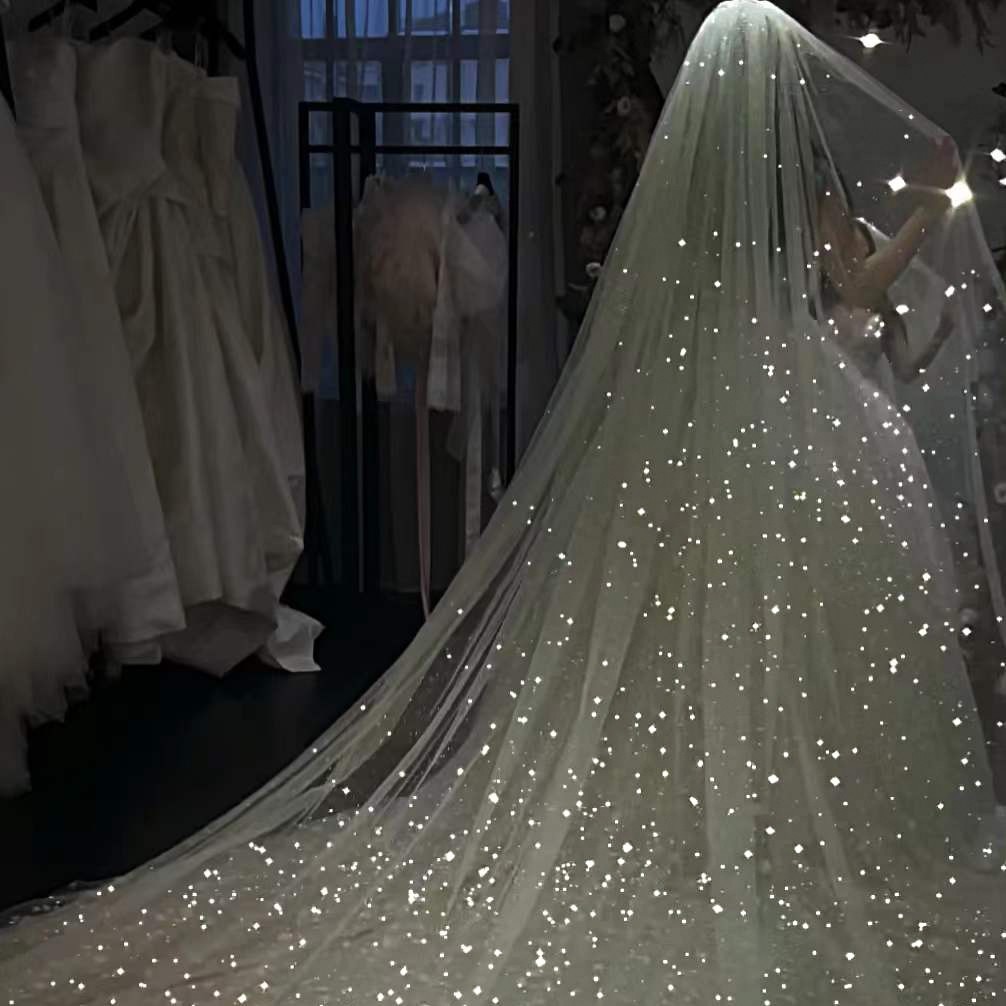 Starry Sky Sparkling Veil Double-Layer Bridal Wedding Headpiece photo 3