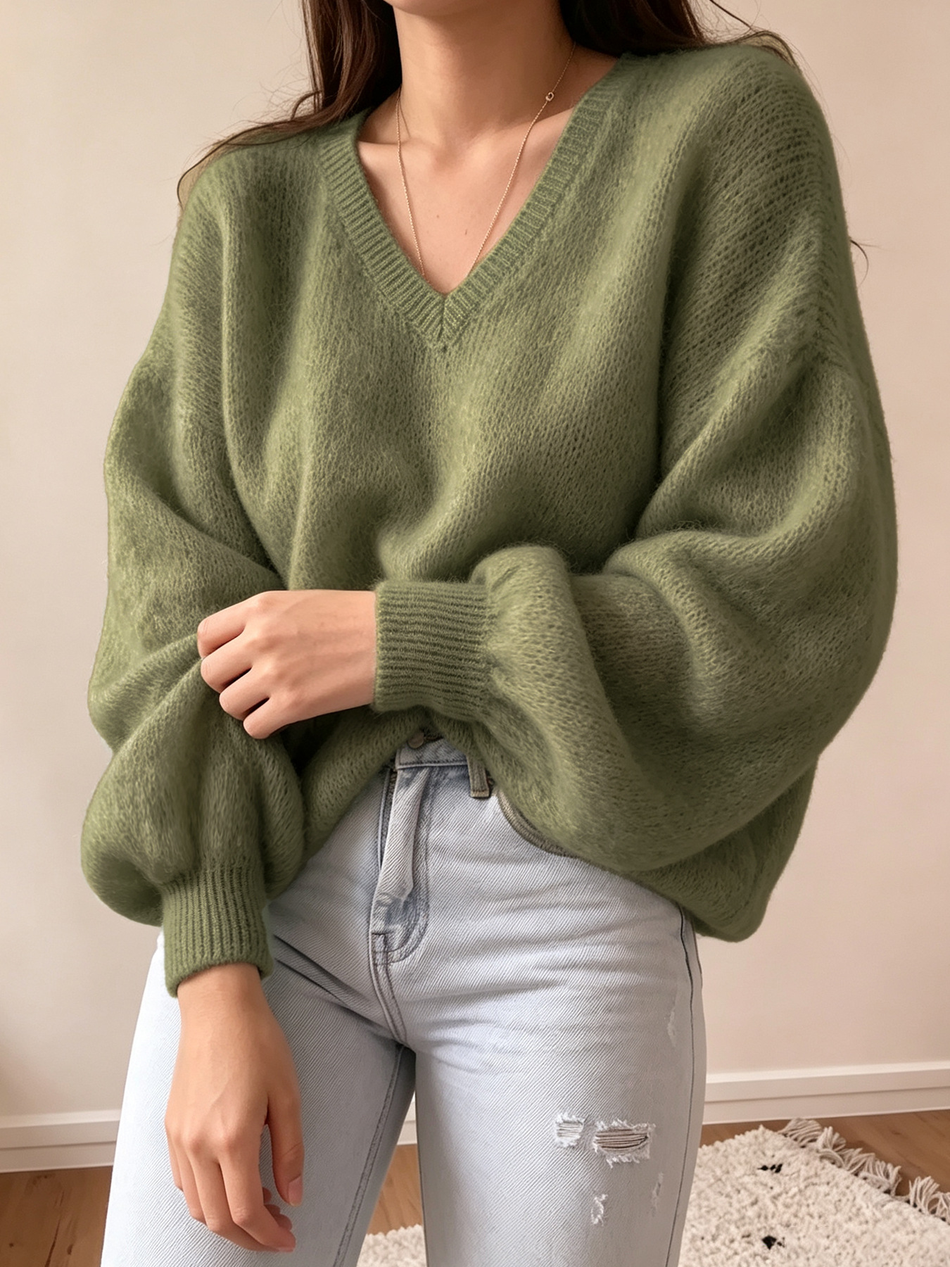Lantern-sleeve Relaxed Casual-style Knitted Pullover photo 5
