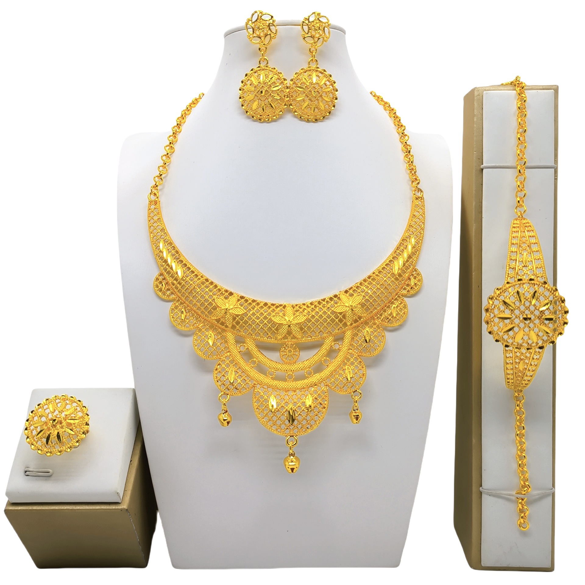 24K Gold Jewelry Suit Necklace Bracelet Earrings Four-piece Ring Set photo 2