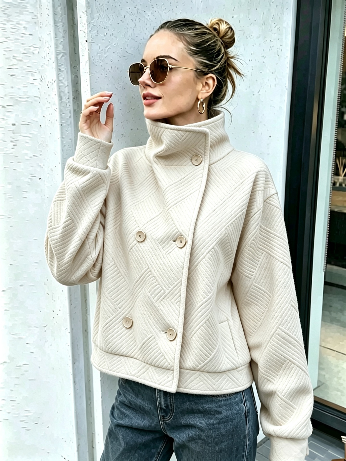 Women's Buttoned Turtleneck Double-breasted Lapel Coat photo 6