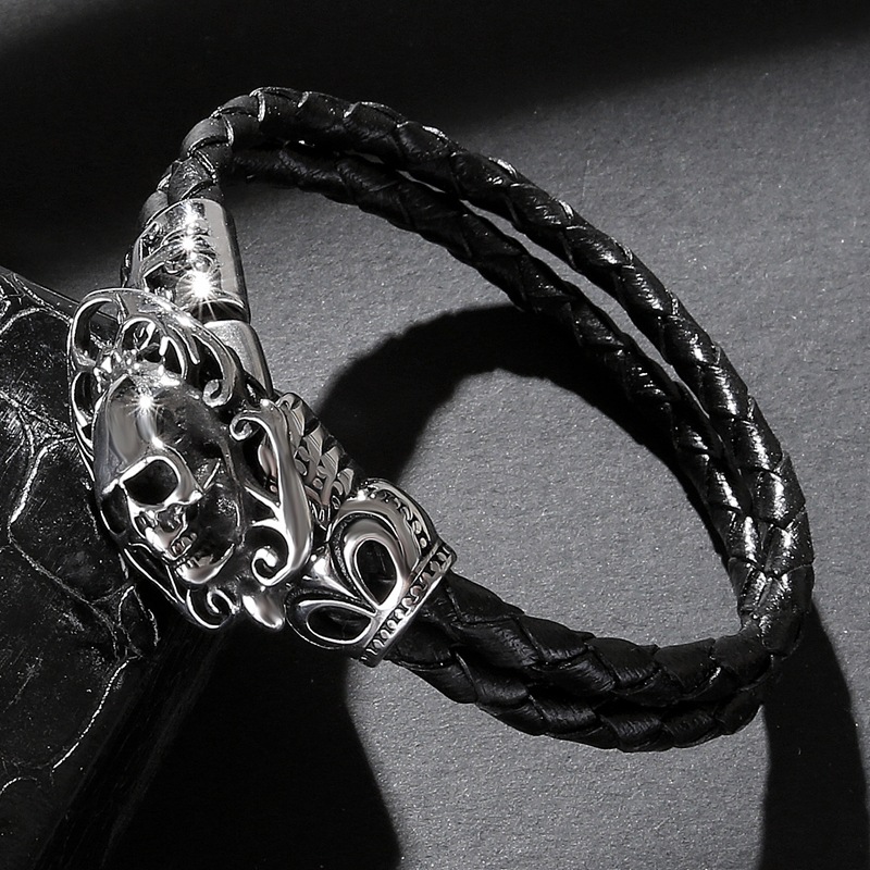 Men's Genuine Leather Double-strand Bracelet With Titanium Steel photo 1