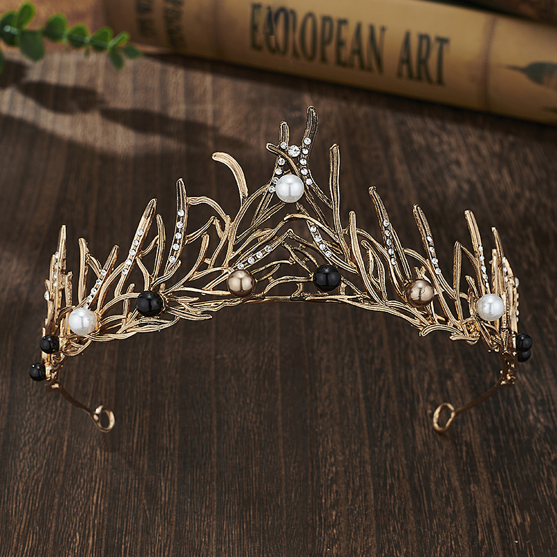 Retro Bridal Crown Alloy Minimalist Baroque Headband With Pearl Accents photo 3