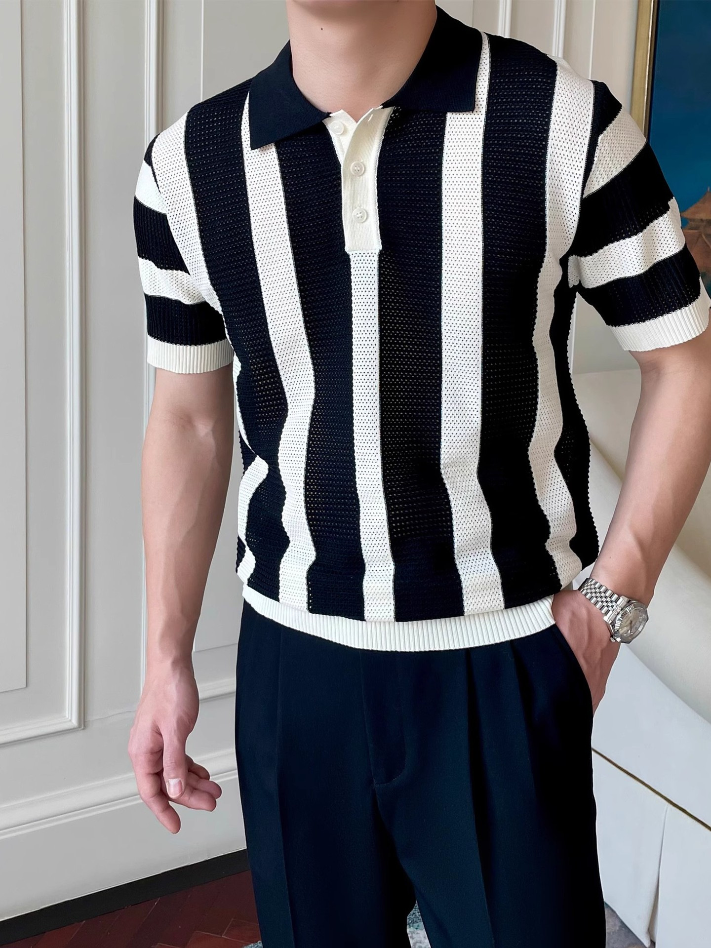 Striped Knitted Polo Shirt Men's Cool & Dashing Lapel T-Shirt photo 6
