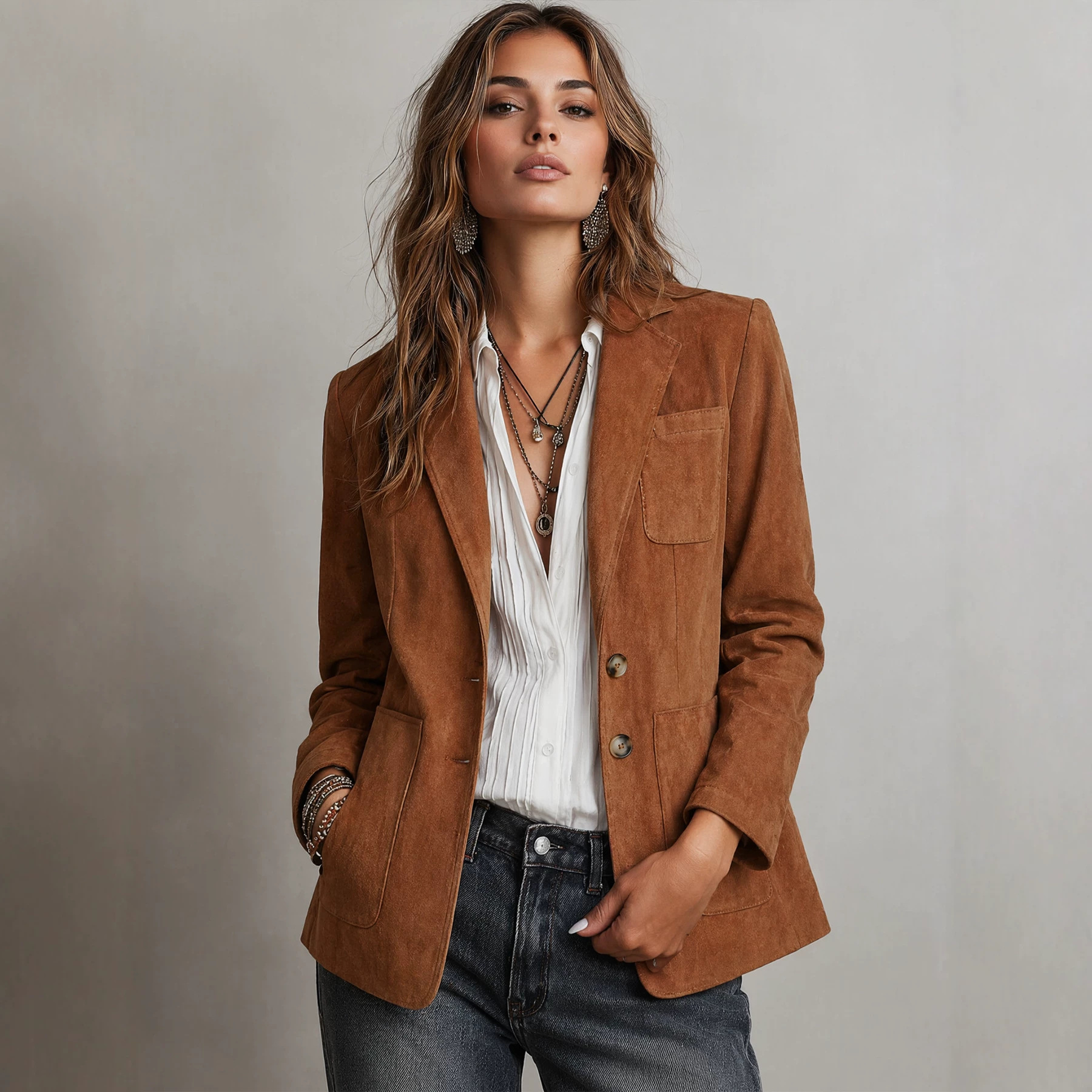 New Vintage Loose-fitting Lapel Long-sleeved Women's Blazer Jacket Outerwear photo 1