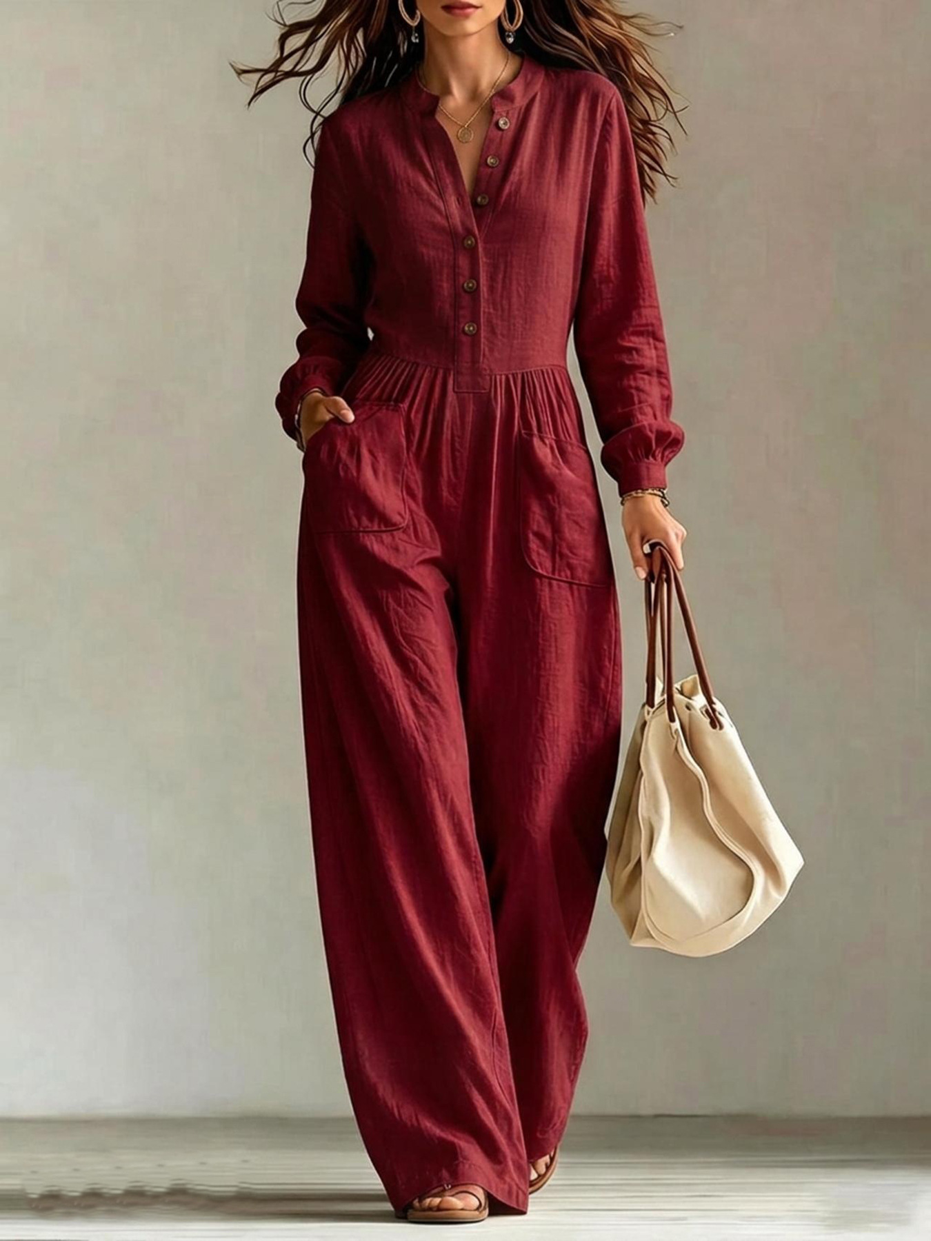 Jumpsuit With Buttons Waist-cinching Design And Pockets photo 2