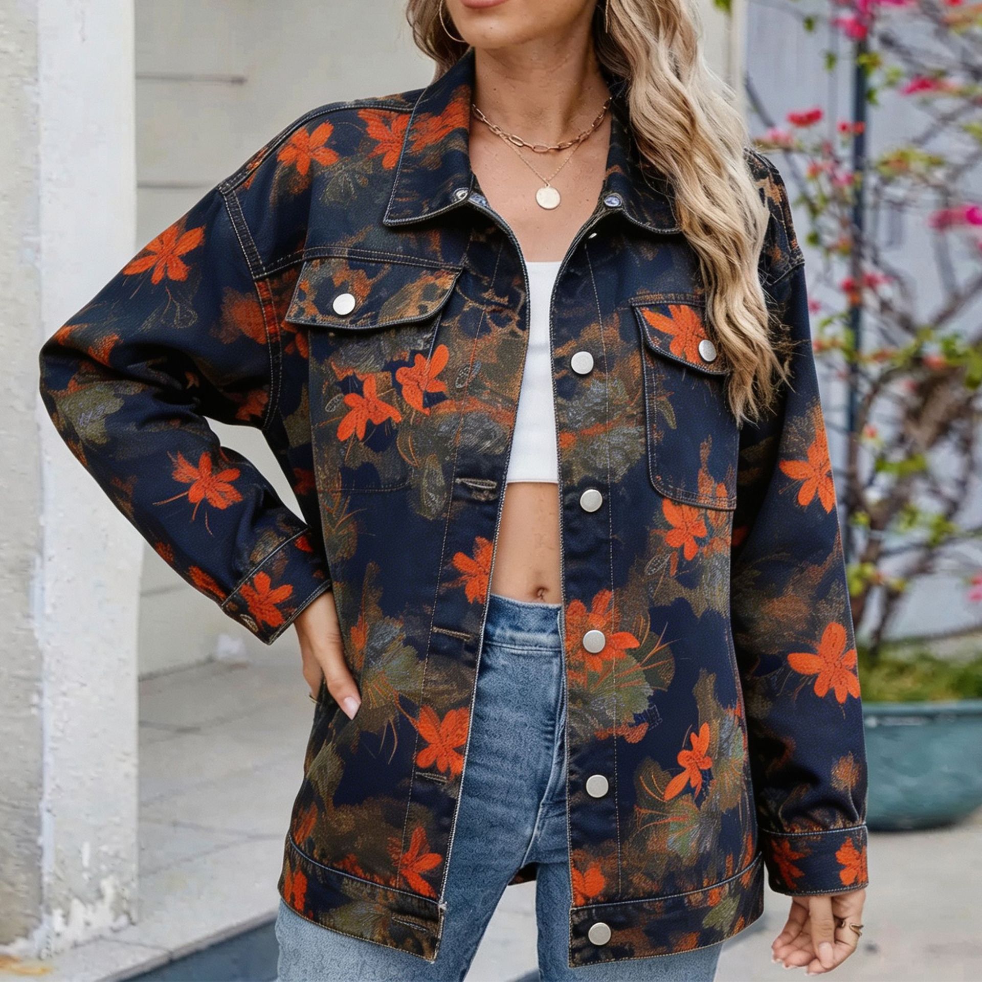 Women's Denim Jacket With All-Over Plant Print photo 6