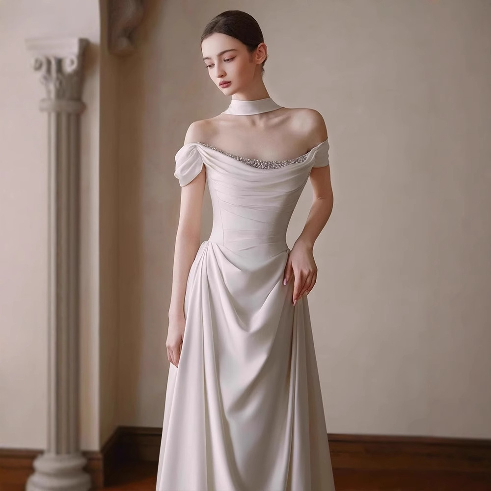 Off-the-shoulder Pleated Waist-cinching French Satin Light Wedding Dress photo 2