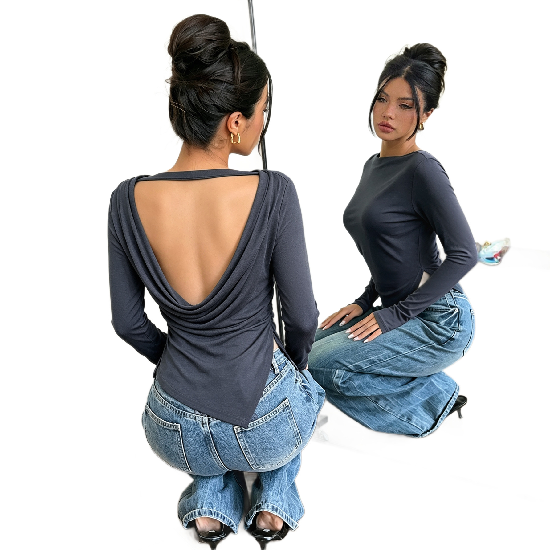 Backless Design Waist-cinching For A Slimming Effect Asymmetrical Hem With A Slit photo 2