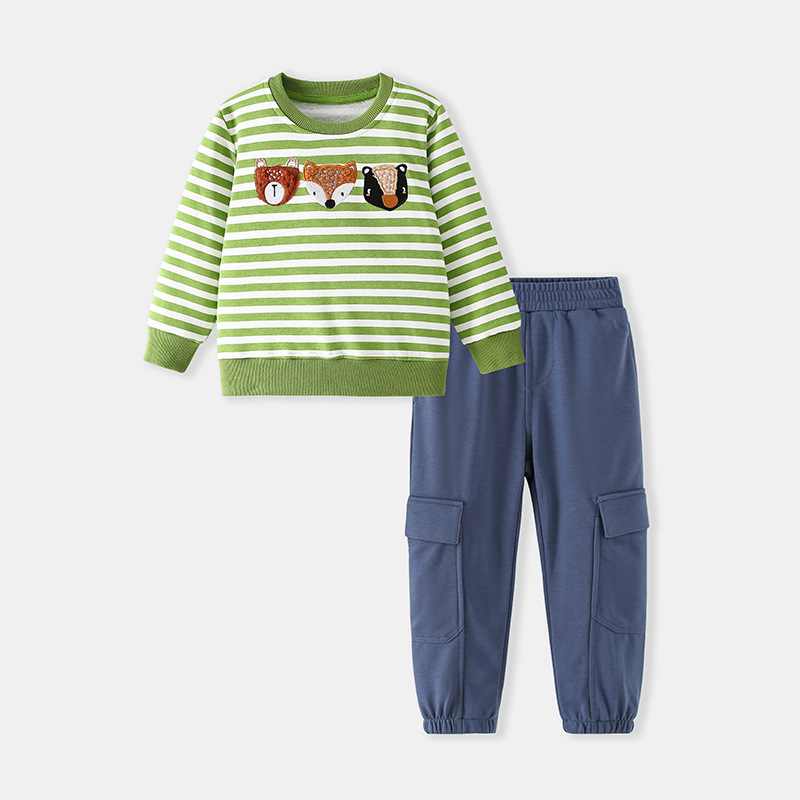 Childrens Striped Animal-Embroidered Sweatshirt Set photo 2
