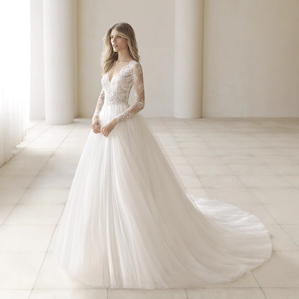 Elegant Lace Long Sleeve V-Neck Wedding Dress Bridal Gown With Delicate Detailing For Ceremony photo 5