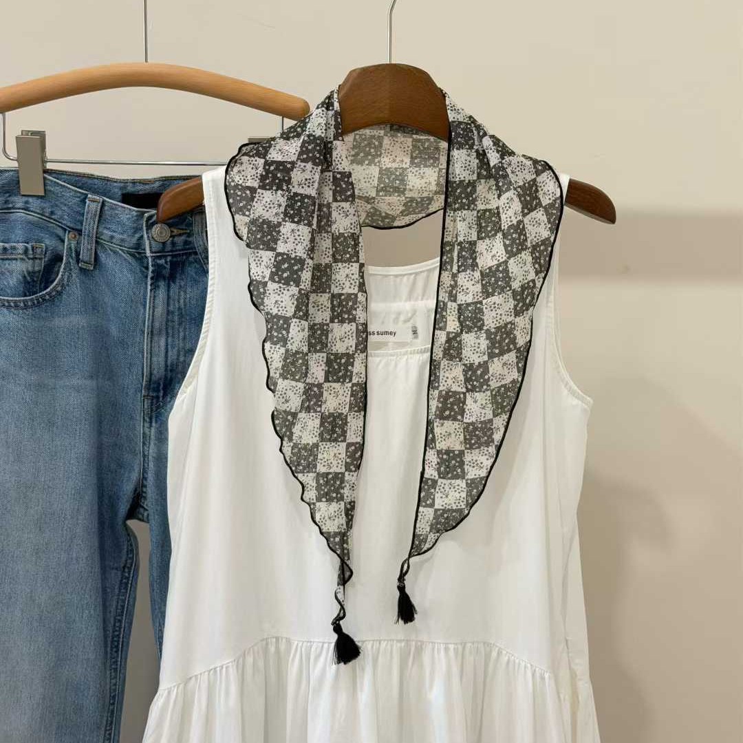 Lightweight Floral Plaid Tassel Triangle Scarf photo 2