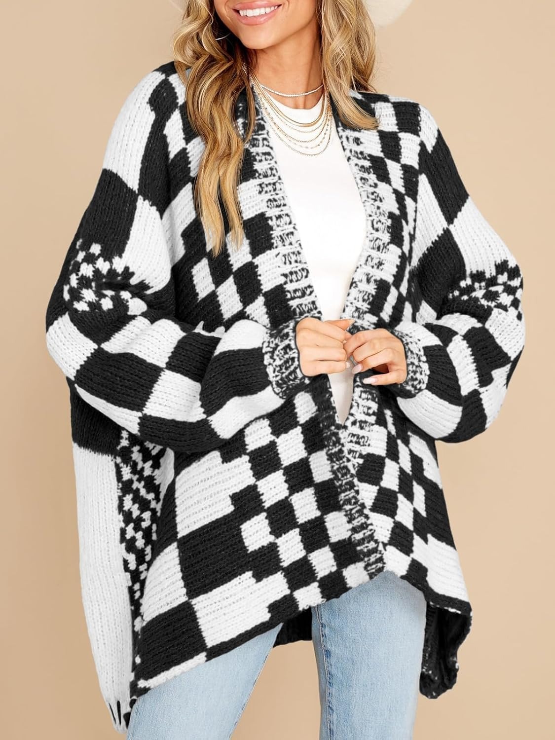 High-end Large-check Color-block Knit Cardigan photo 2