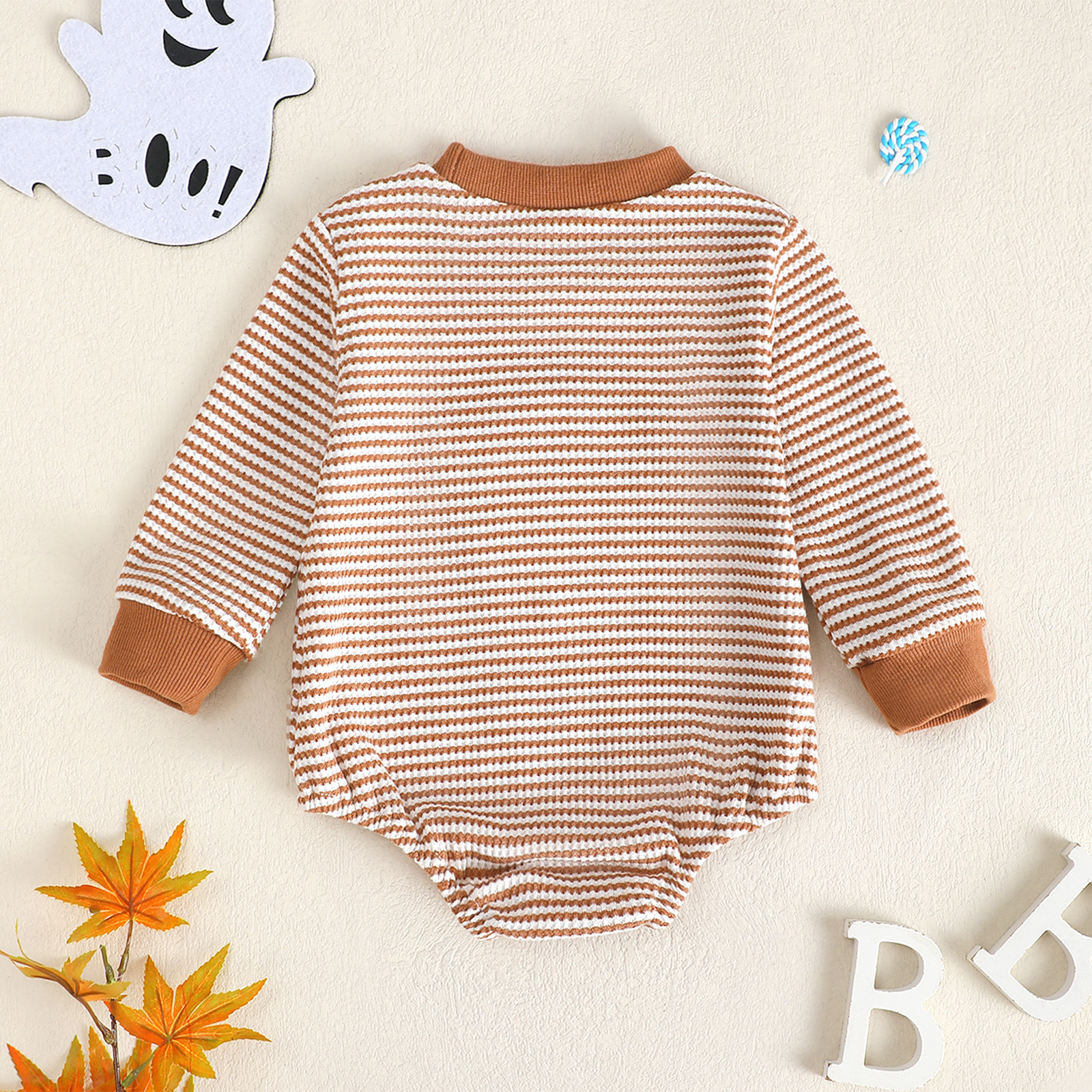 Baby Girl Waffle Knit Striped Long Sleeve Romper with Ghost Embroidery photo 4