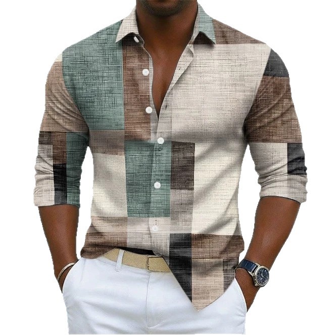 Men's Geometric Color-Block Plaid Pattern Shirt photo 3