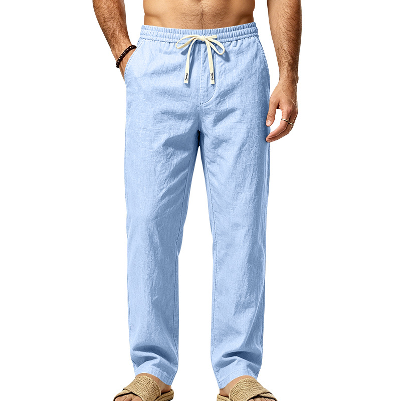 Mens Straight Leg Solid Color Casual Linen Pants With Drawstring And Elastic Waist photo 1