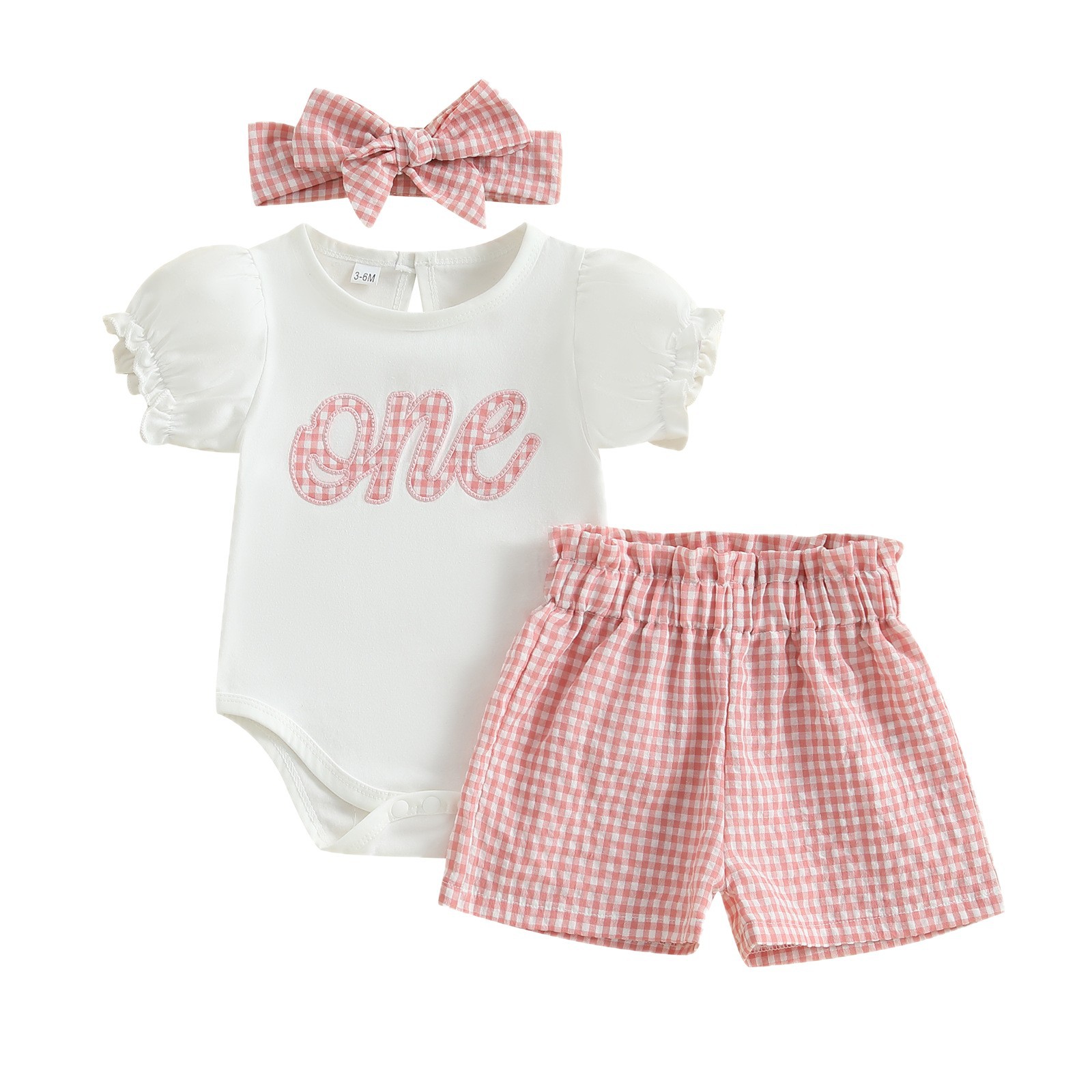 2026 New-Style Girls Plaid Birthday Romper And Shorts With Headscarf Set photo 3