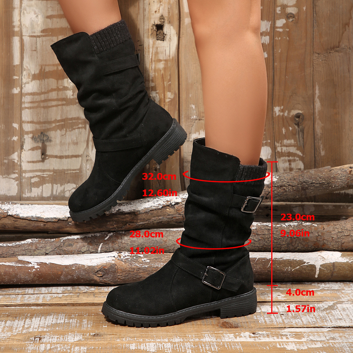 Cuffed Pleated Knit Ankle Boots With A Round Toe And Square Heel For Women photo 2