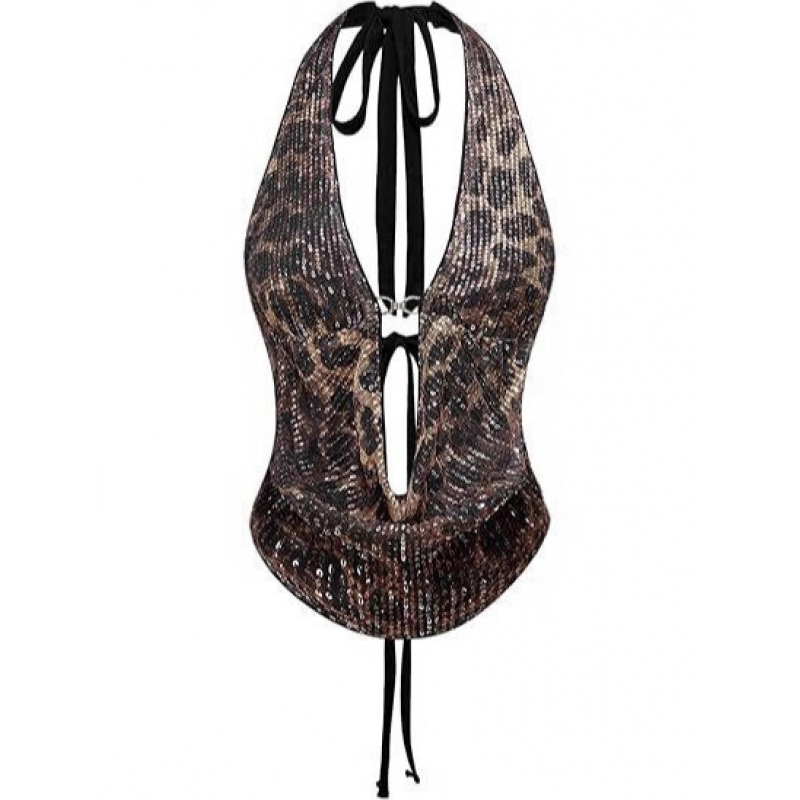 Womens Leopard-print Sequin Top With Lace-up Back And Cinched Waist photo 4