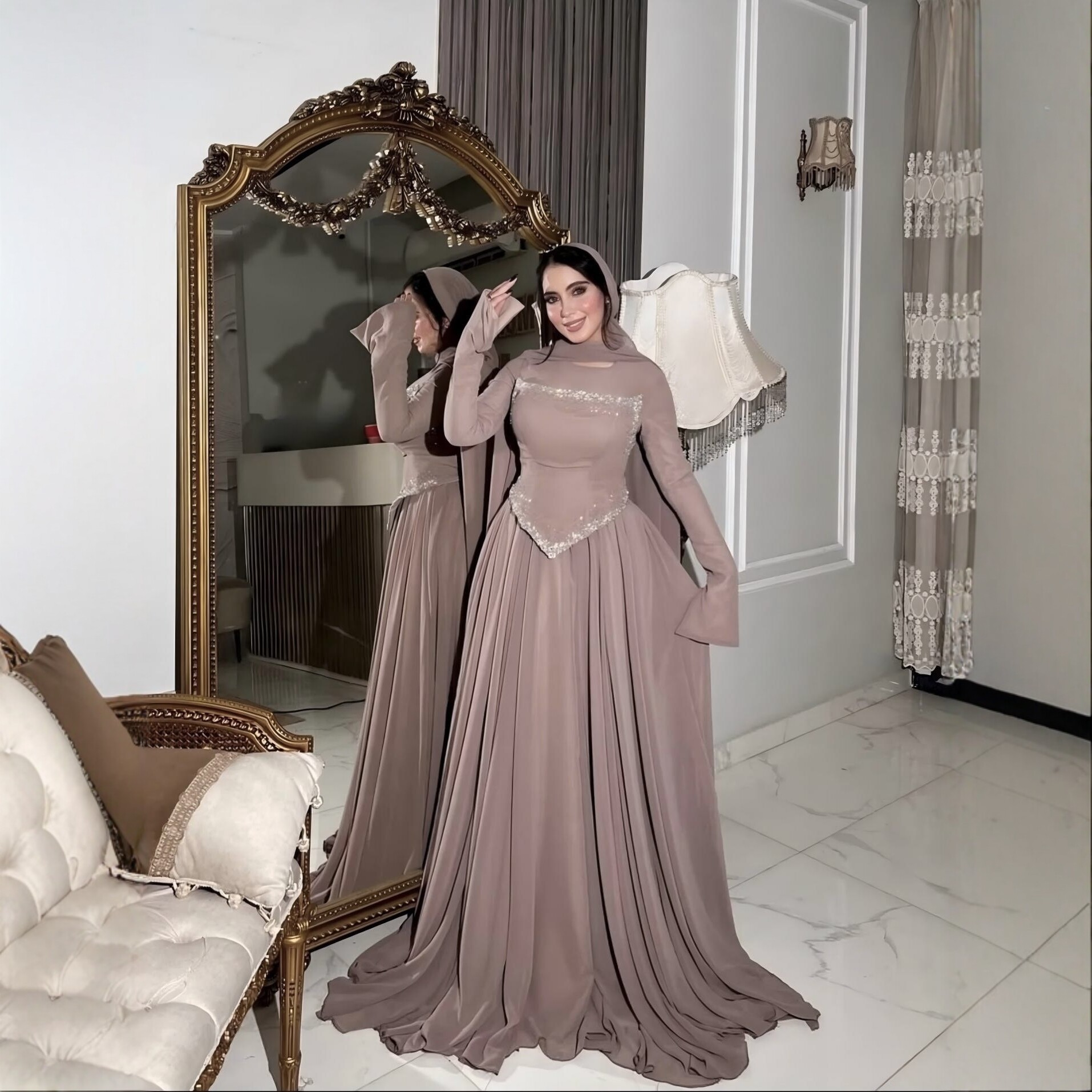 Elegant Long-Sleeve Rhinestone-Embellished Evening Gown photo 2