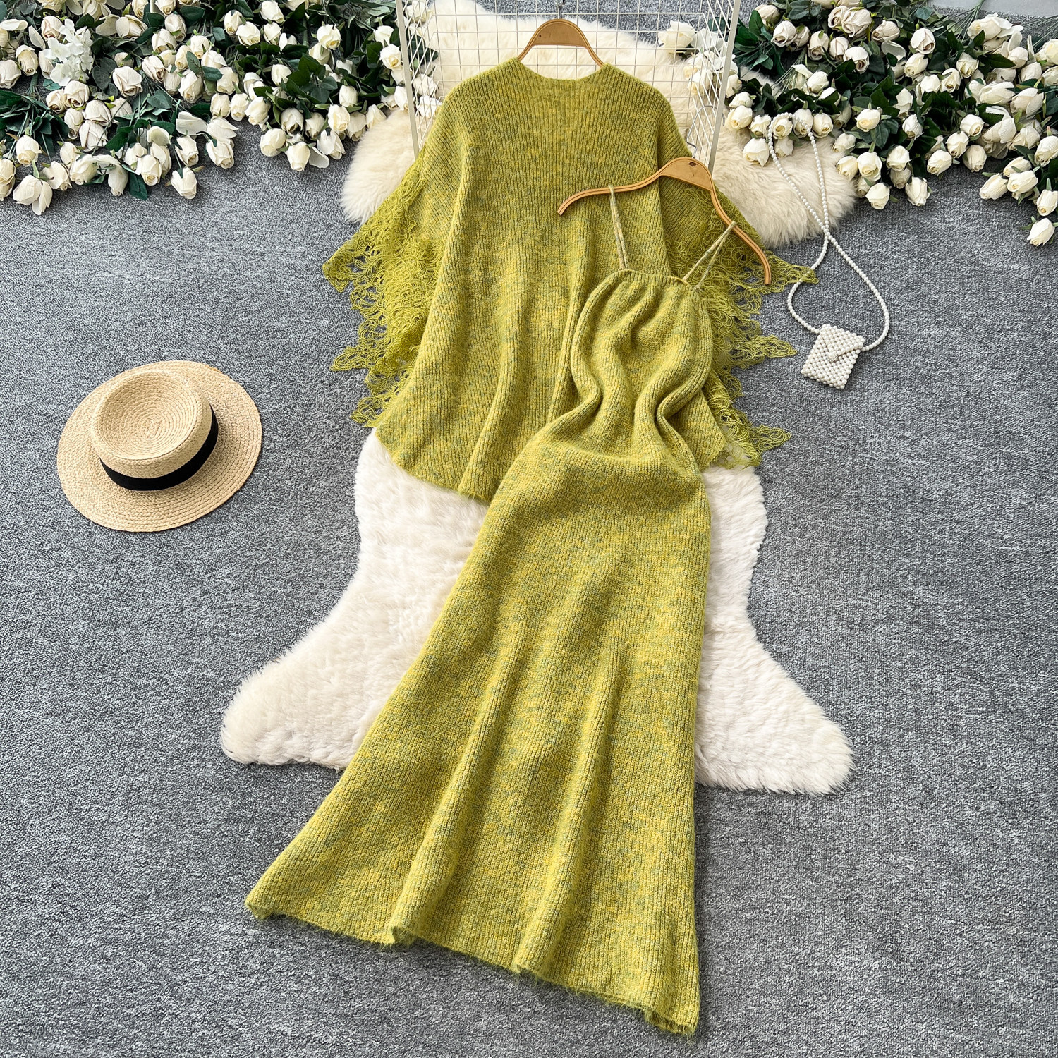 Lace-panel Cardigan And Camisole Dress Set With Three-dimensional Floral Accents photo 6