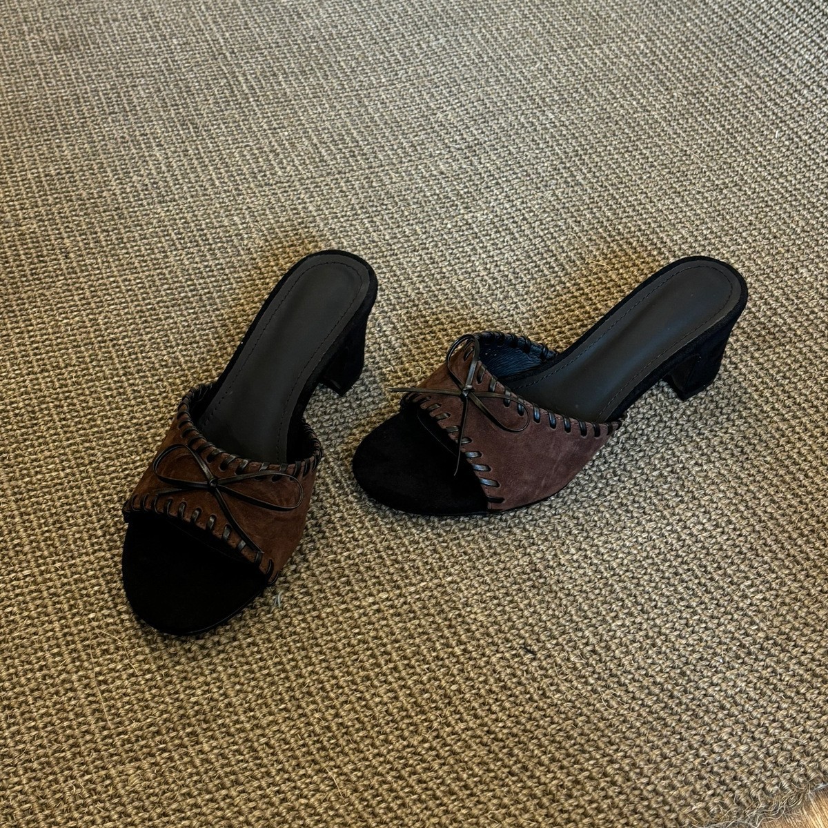 Retro Bow-knot High-heeled Woven Slide Sandals photo 7