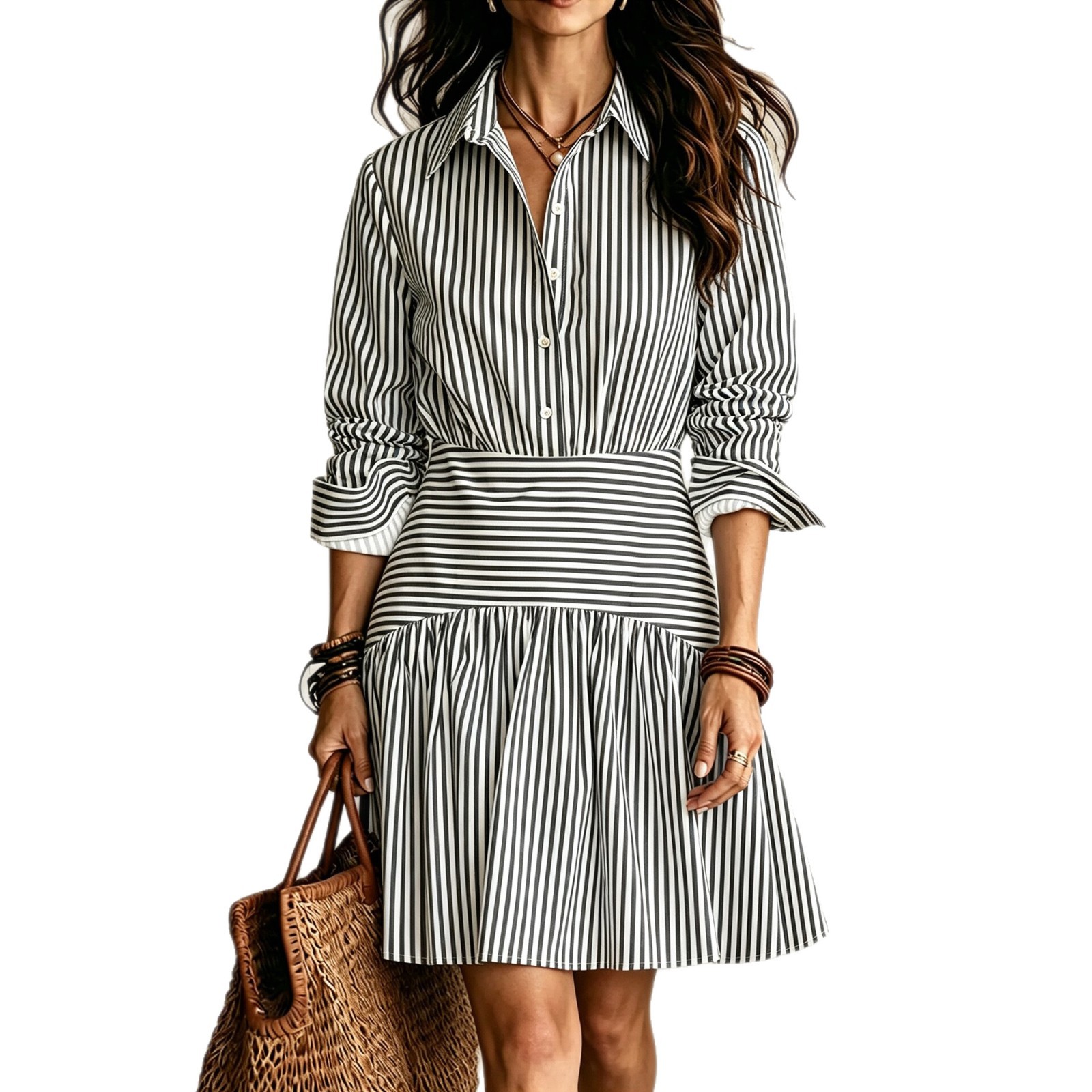 Womens Collared Striped Shirt Casual Dress photo 5