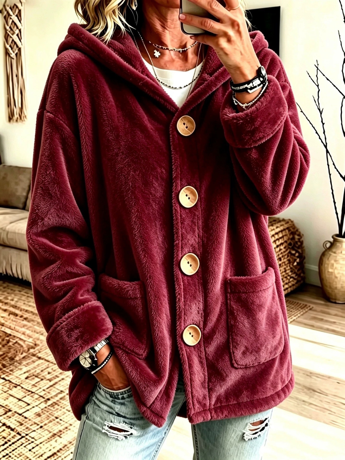 Hooded Velvet Outerwear Loose-fitting Cardigan Top photo 7
