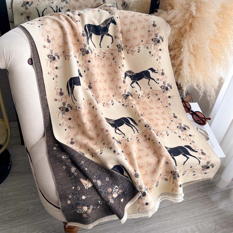Vintage Floral And Galloping Horse Jacquard Tassel Scarf photo 2