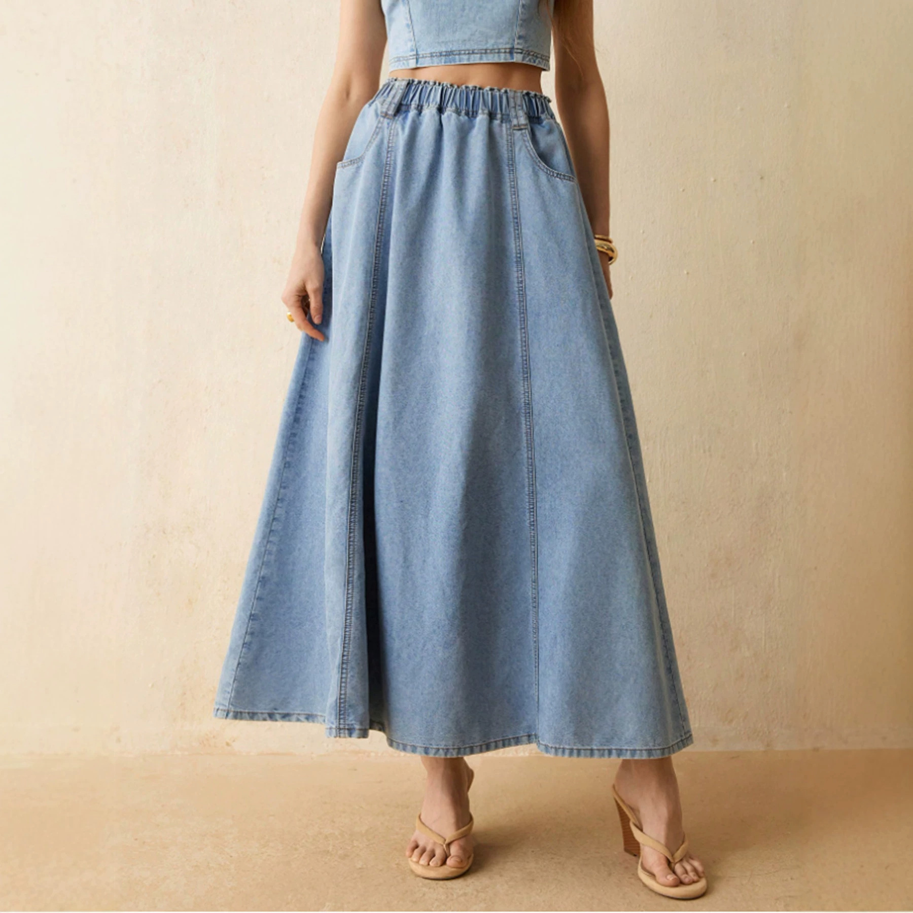 Womens Washed Loose Casual Denim Skirt With Elastic Waist And Flared Hem photo 5