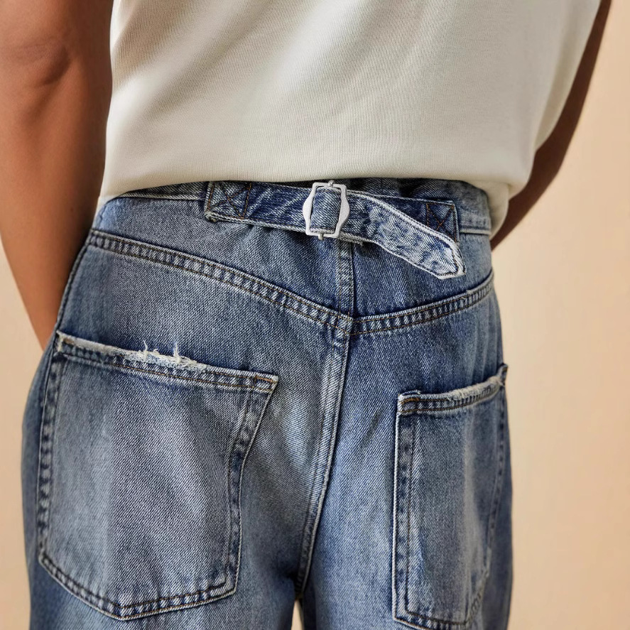 American-style Vintage Washed Distressed Loose-fit Wide-leg Jeans photo 3