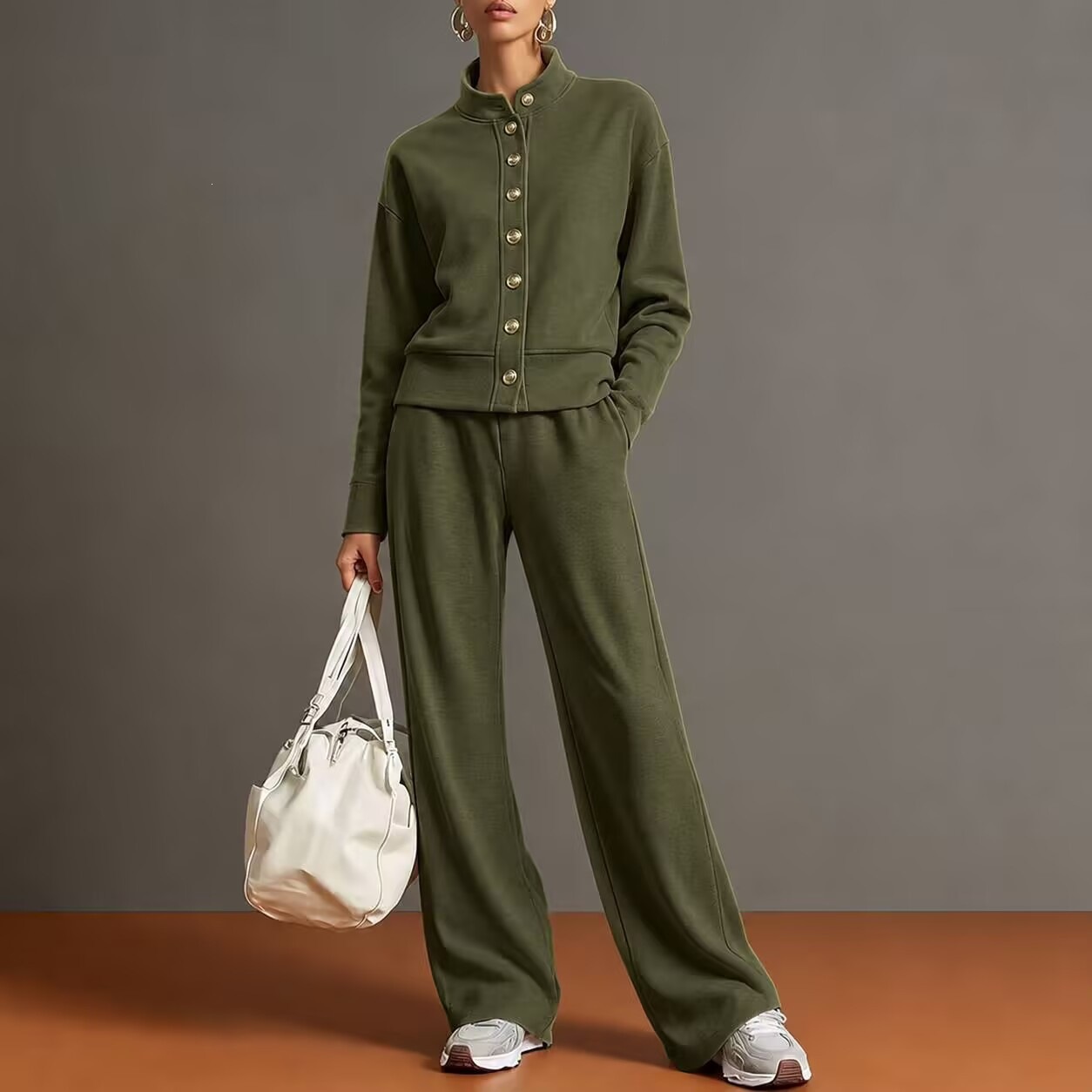 Stand-collar Cardigan And Wide-leg Pants Set photo 7