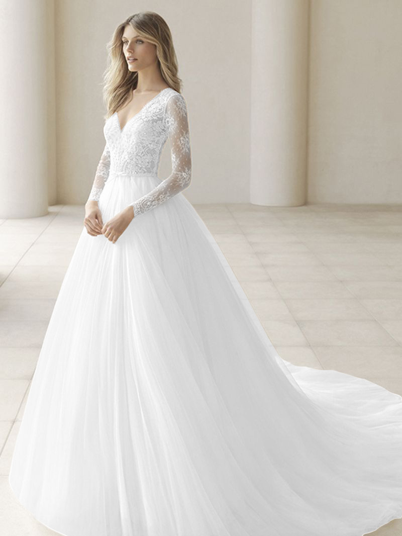 Elegant Lace Long Sleeve V-Neck Wedding Dress Bridal Gown With Delicate Detailing For Ceremony photo 3