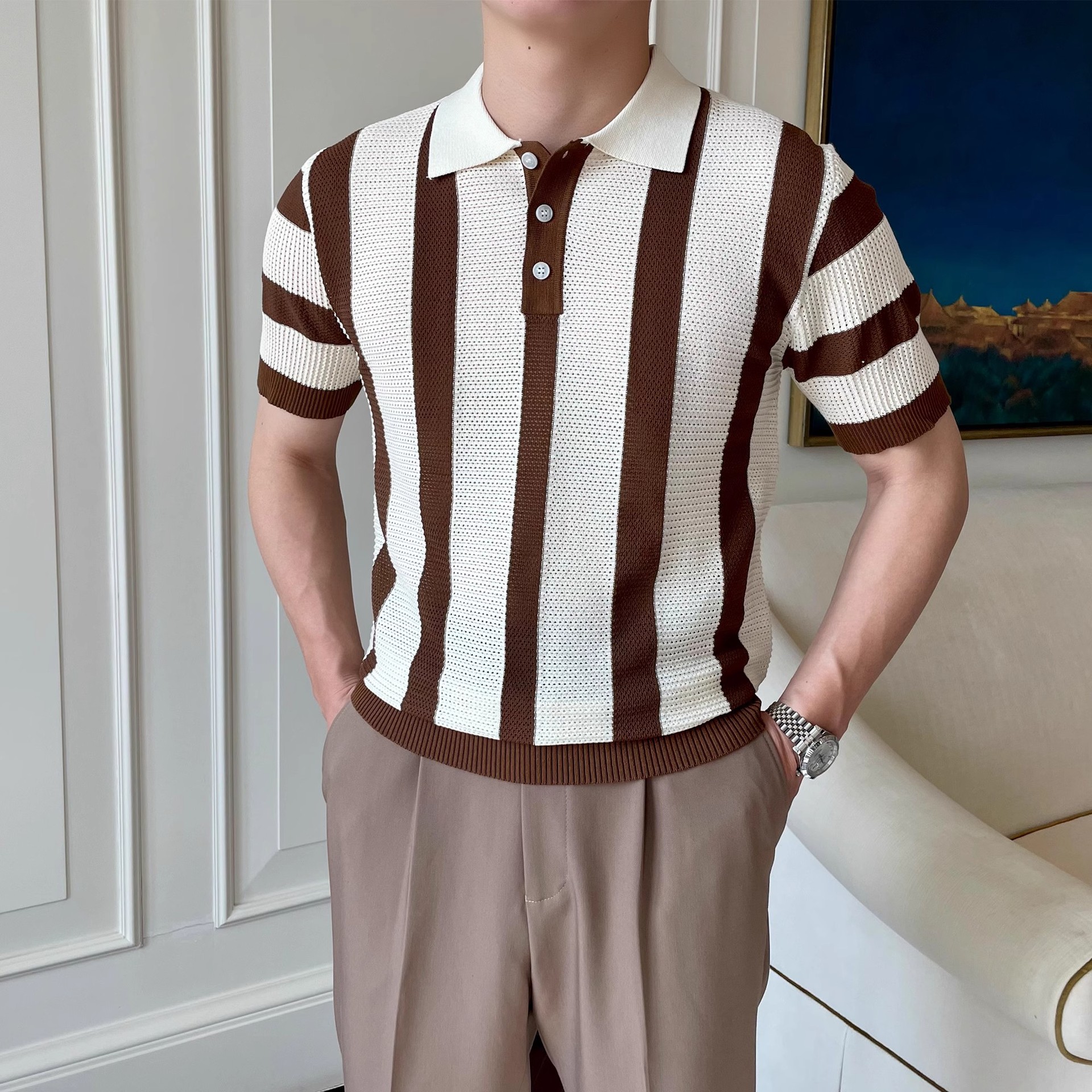 Striped Knitted Polo Shirt Men's Cool & Dashing Lapel T-Shirt photo 1