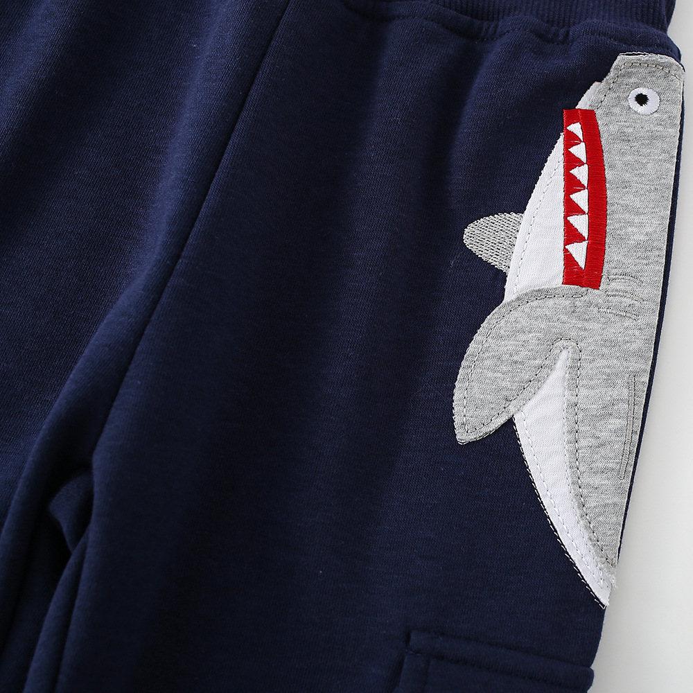 Boys Cotton Blend Cartoon Shark Embroidered Sports Pants - Casual Loose Fit Joggers for Kids Outdoor Play photo 3