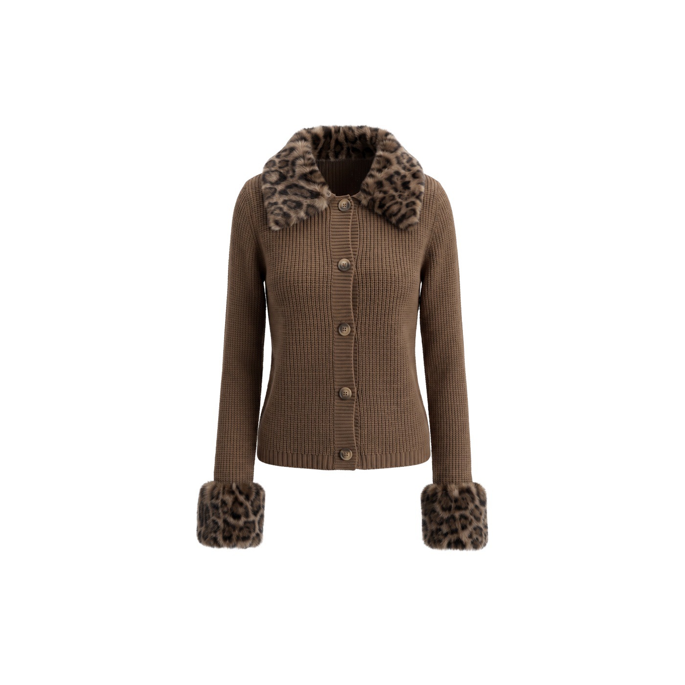 Women's Leopard-Print Fur-Trimmed Knitted Long-Sleeve Sweater photo 4