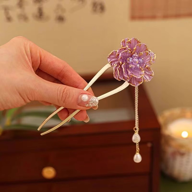 Female Retro Exquisite Peony Flower Tassel U-shaped Hairpin photo 6