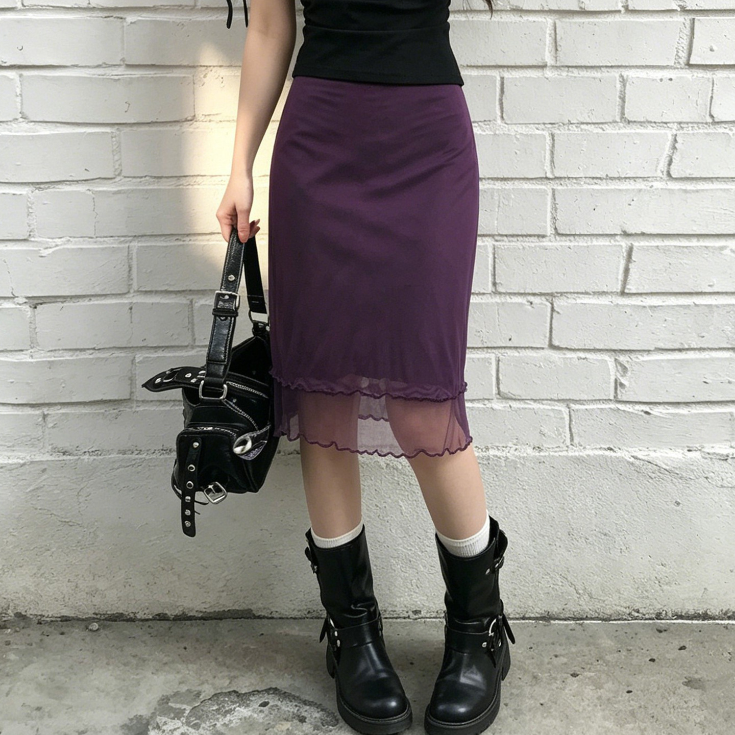 Vintage Purple Mesh-Patchwork Low-Waist Skirt For Women photo 5