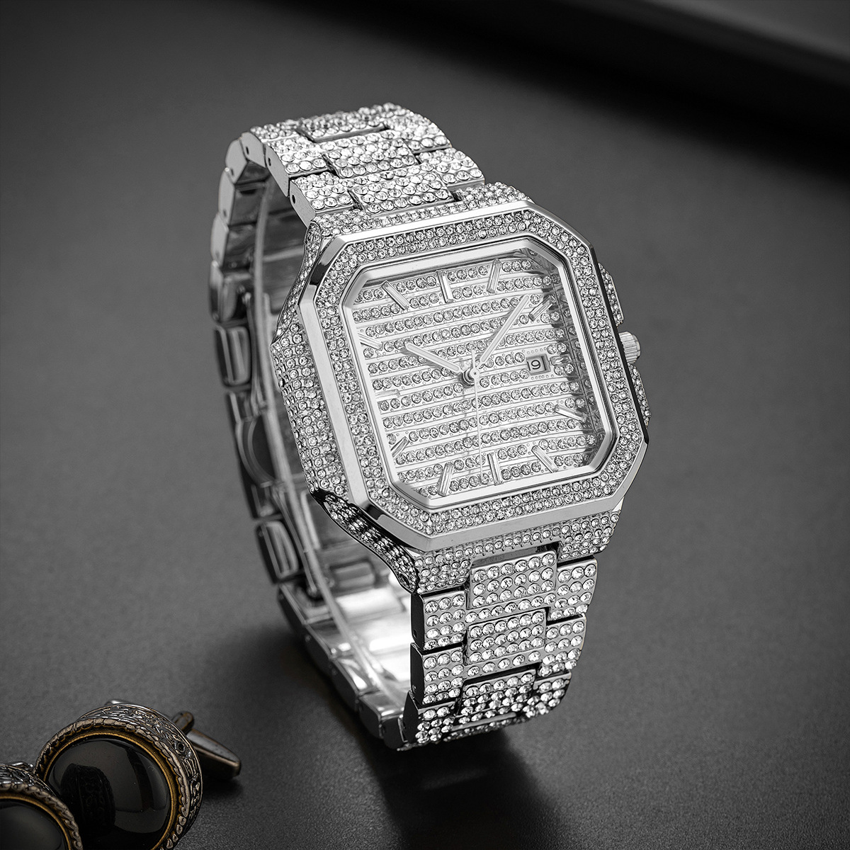 Mens Fashionable Square Diamond-Encrusted Quartz Watch photo 3