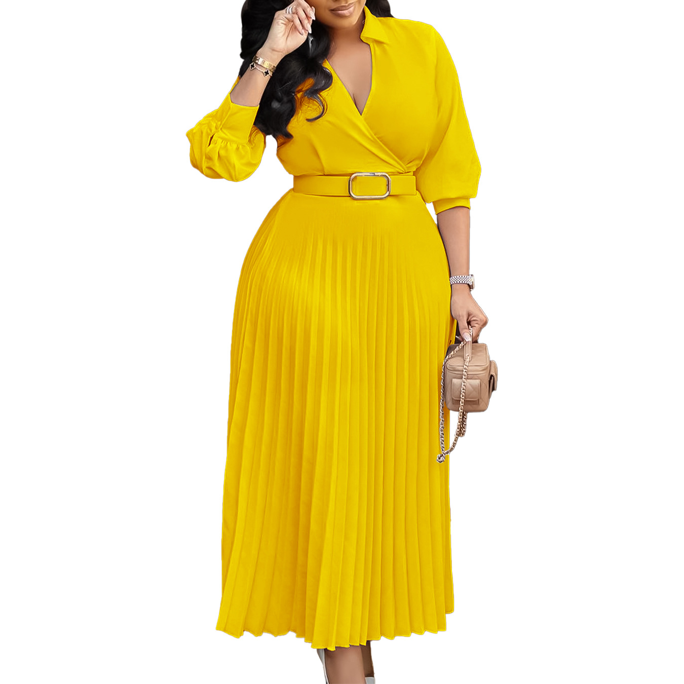 Fashionable V-neck Solid-color Long-sleeved Dress photo 6