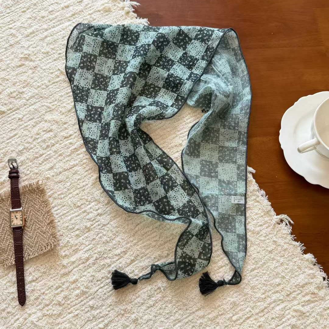 Lightweight Floral Plaid Tassel Triangle Scarf photo 4